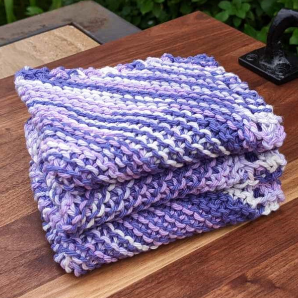 Set of Three Hand-Knit Washcloths, 100% Cotton Dishrags, Light Purple, Dark Purple, & White