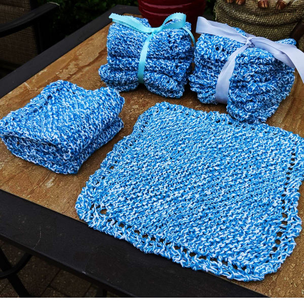 Set of Four Hand-Knit Washcloths, 100% Cotton Dishrags, Blue and White