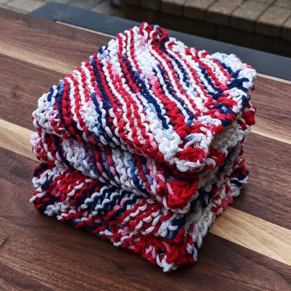Set of Four Hand-Knit Washcloths, 100% Cotton Dishrags Red, White, & Blue