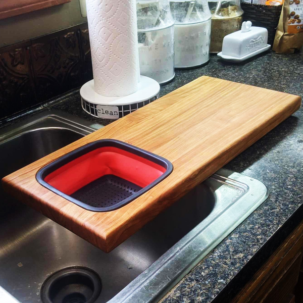 Over the Sink Cherry Wood Edge Grain Cutting Board with Colander and Clear Rubber Grip Feet