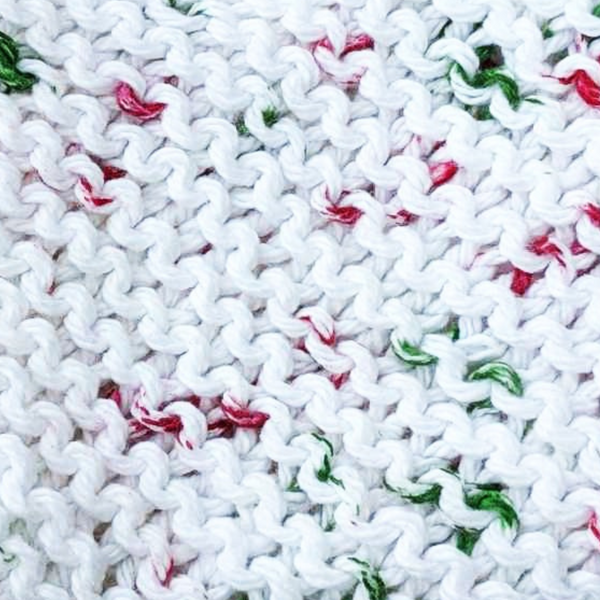 Four Hand-Knit Washcloths, 100% Cotton Dishrags, "Holly Jolly" Christmas Red, Green, & White