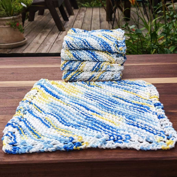Set of Four Hand-Knit Washcloths, 100% Cotton Dishrags Blue, Yellow, & White