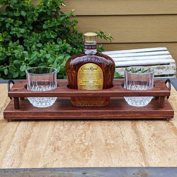 Black Walnut Wood Whiskey Charcuterie Tray with Whiskey Glasses, Cast Iron Handles, & Clear Rubber Grip Feet