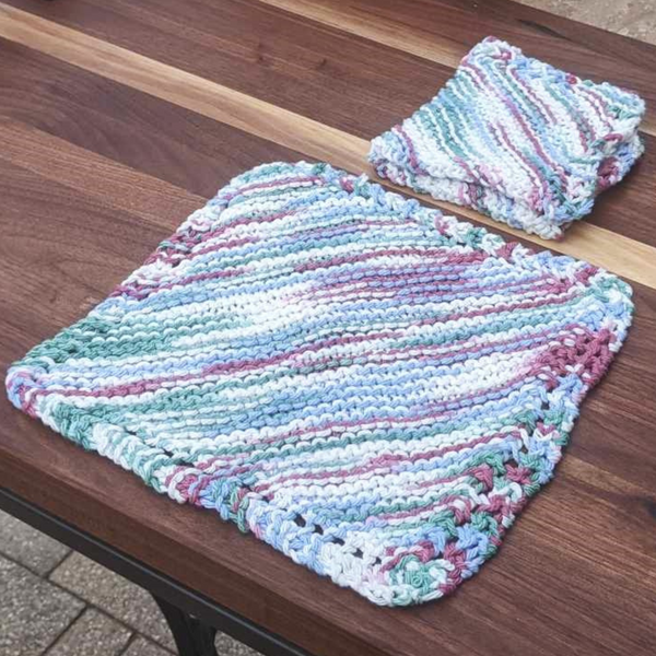 Set of Two Hand-Knit Washcloths, 100% Cotton Dishrags, Purple, White, & Blue