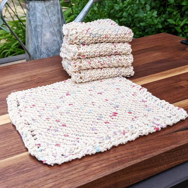 Set of Four Hand-Knit Washcloths, 100% Cotton Dishrags, Cream, Light Blue, & Light Pink
