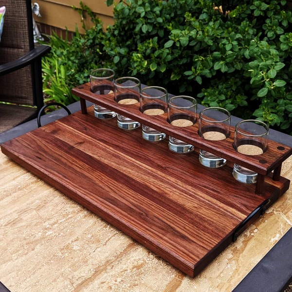 Black Walnut Wood Beer Flight Butcher Block / Charcuterie Board with 5.5 oz. Taster Glasses, Stainless Steel Sauce Cups, Cast Iron Handles, & Clear Rubber Grip Feet