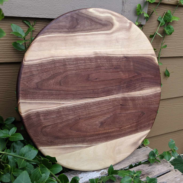 Round Black Walnut Wood Pizza Serving Tray, Round Wooden Charcuterie Platter.