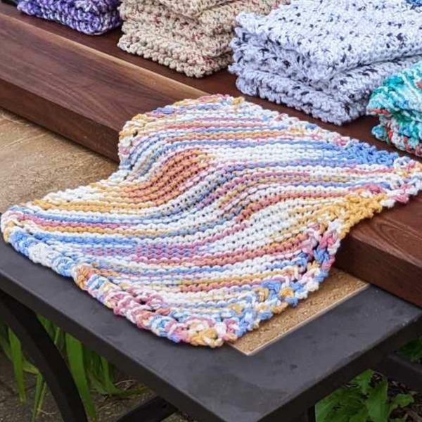 Set of Four Hand-Knit Washcloths, 100% Cotton Dishrags, Light Blue, Pink, Yellow, & White