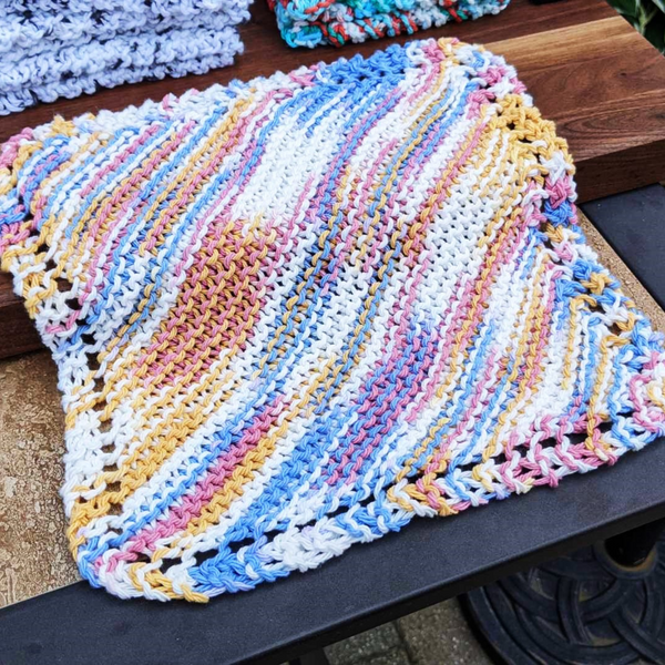Set of Four Hand-Knit Washcloths, 100% Cotton Dishrags, Light Blue, Pink, Yellow, & White