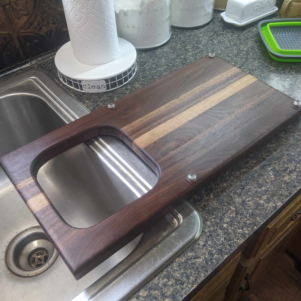 Over The Sink Black Walnut Edge Grain Cutting Board with Colander and Clear Rubber Grip Feet