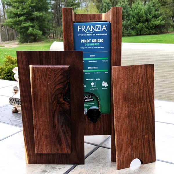 Angled shot of handcrafted Black Walnut wine box holder with elegant finish
