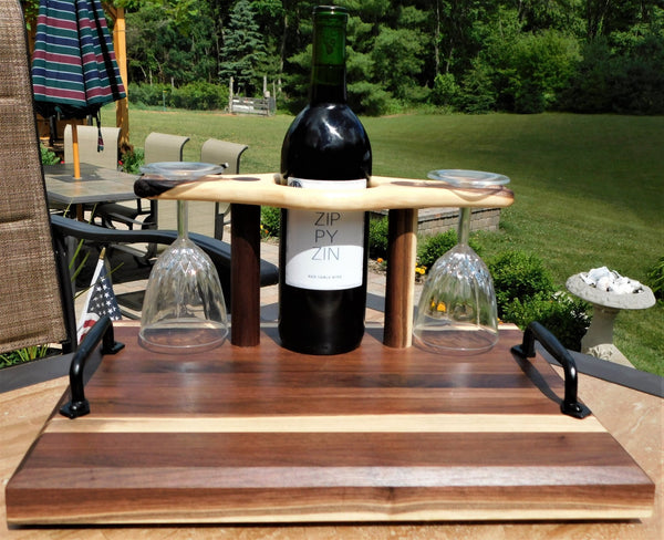 Black Walnut Butcher Block Style Wine Caddy Cutting Board with Wine Glasses - Springhill Millworks