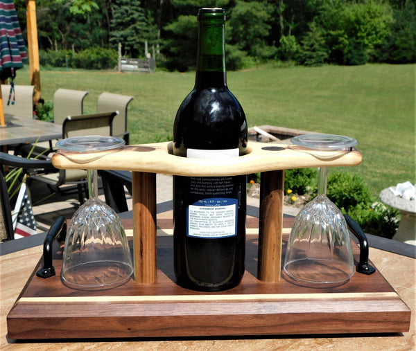 Black Walnut Butcher Block Style Wine Caddy Cutting Board with Wine Glasses - Springhill Millworks