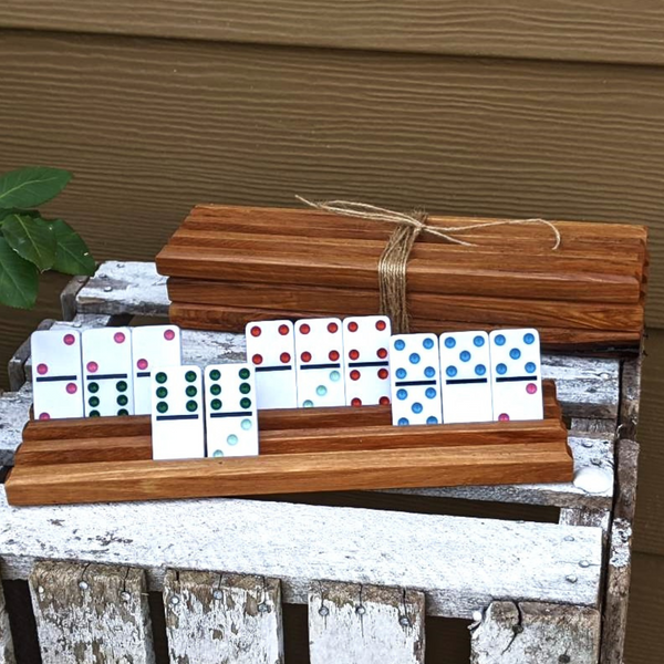 Set of FOUR Hickory Wood Domino Holders with 3 Angled Domino Slots