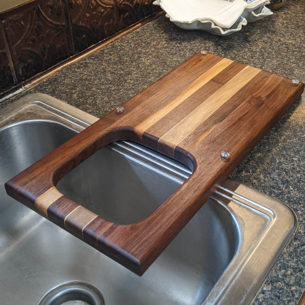 Over The Sink Black Walnut Edge Grain Cutting Board with Colander and Clear Rubber Grip Feet