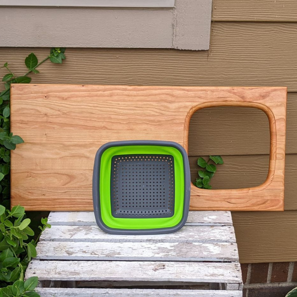 Over The Sink Cherry Wood Edge Grain Cutting Board with Collapsible Colander and Clear Rubber Grip Feet