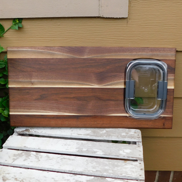 Over The Counter Black Walnut Edge Grain Cutting Board with Tupperware Insert & Clear Rubber Grip Feet