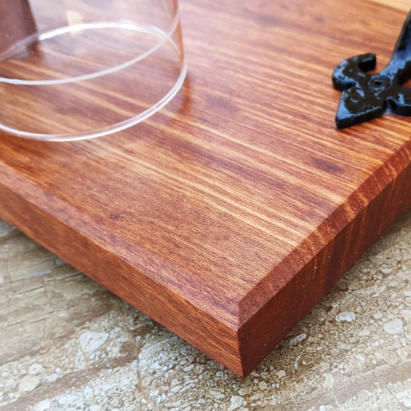 Spalted Cherry Wood Wine Charcuterie Board with Two Wine Glasses, Cast Iron Handles, & Clear Rubber Grip Feet