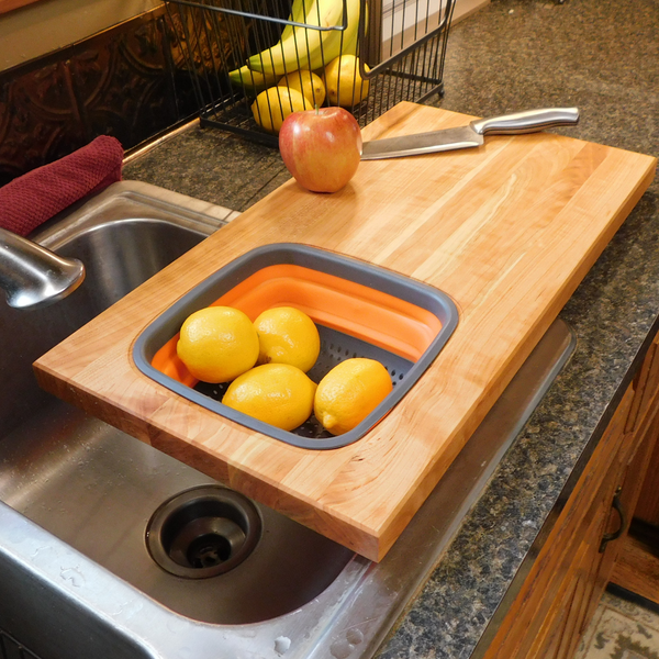 Over The Sink Cherry Wood Edge Grain Cutting Board with Colander and Clear Rubber Grip Feet