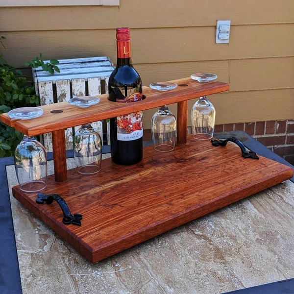 Spalted Cherry Wood Wine Charcuterie Board with Four Wine Glasses, Cast Iron Handles, & Clear Rubber Grip Feet