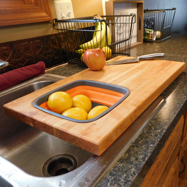 Over The Sink Cherry Wood Edge Grain Cutting Board with Colander and Clear Rubber Grip Feet