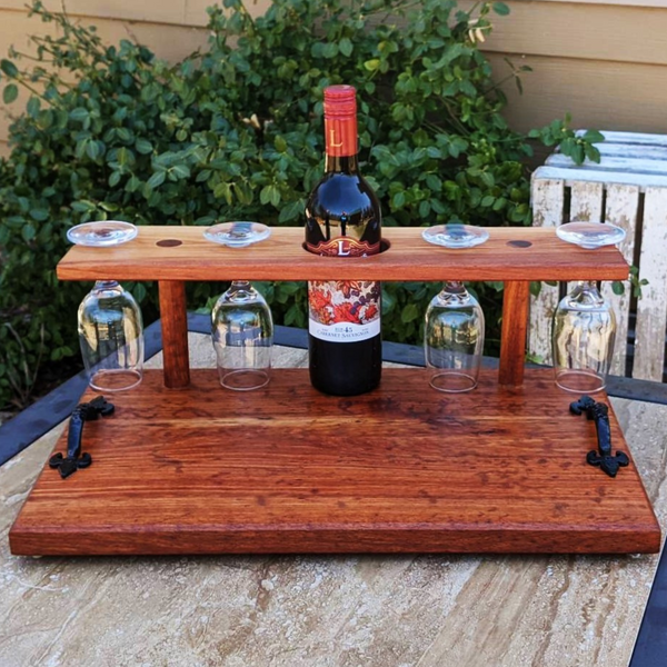 Spalted Cherry Wood Wine Charcuterie Board with Four Wine Glasses, Cast Iron Handles, & Clear Rubber Grip Feet