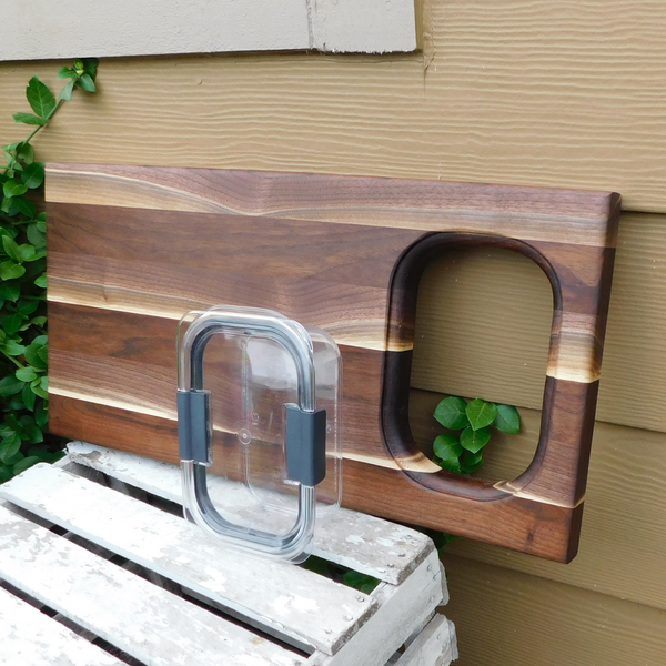 Over The Counter Black Walnut Edge Grain Cutting Board with Tupperware Insert & Clear Rubber Grip Feet