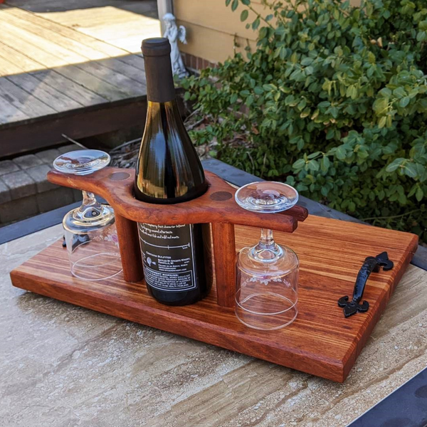 Spalted Cherry Wood Wine Charcuterie Board with Two Wine Glasses, Cast Iron Handles, & Clear Rubber Grip Feet