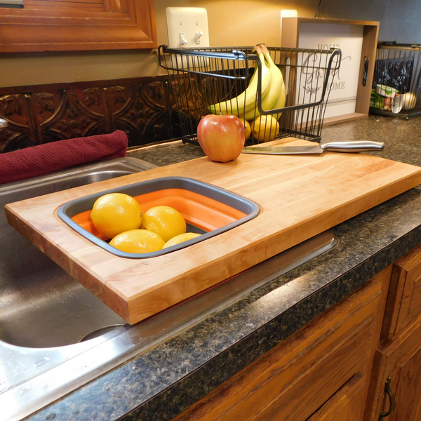 Over The Sink Cherry Wood Edge Grain Cutting Board with Colander and Clear Rubber Grip Feet