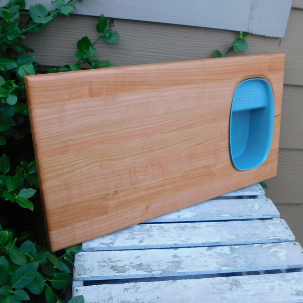 Over The Sink Cherry Wood Edge Grain Cutting Board with Colander and Clear Rubber Grip Feet