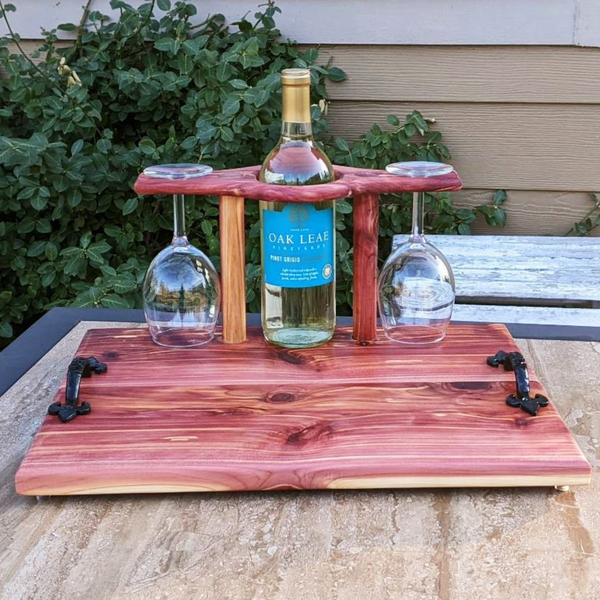 Red Cedar Wine Charcuterie Board with Two Wine Glasses