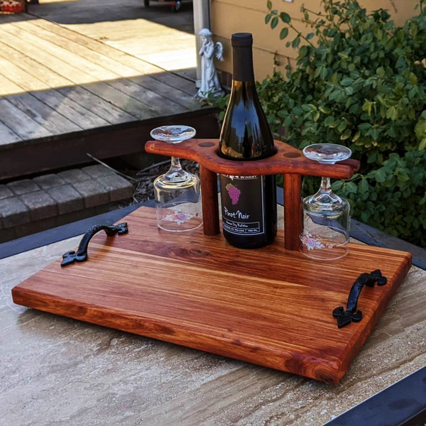 Spalted Cherry Wood Wine Charcuterie Board with Two Wine Glasses, Cast Iron Handles, & Clear Rubber Grip Feet
