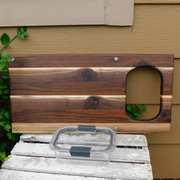 Over The Counter Black Walnut Edge Grain Cutting Board with Tupperware Insert & Clear Rubber Grip Feet