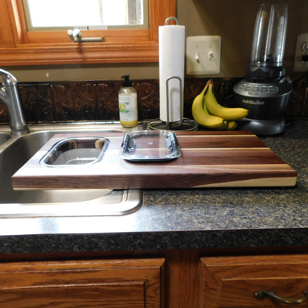 Over The Counter Black Walnut Edge Grain Cutting Board with Tupperware Insert & Clear Rubber Grip Feet