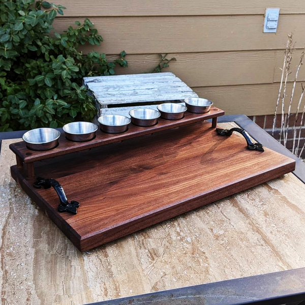Black Walnut Wood Beer Flight Butcher Block / Charcuterie Board with Luminarc Barlow 5.5 oz. Taster Glasses, Cast Iron Handles, & Clear Rubber Grip Feet