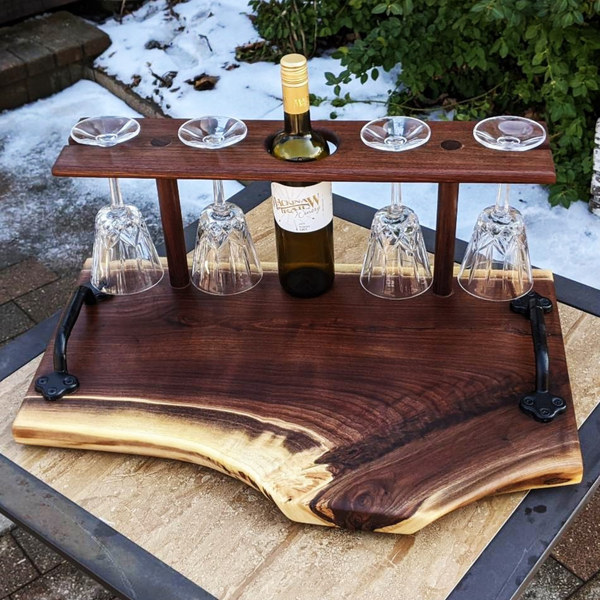Large Black Walnut Wine Charcuterie Board with Four Wine Glasses