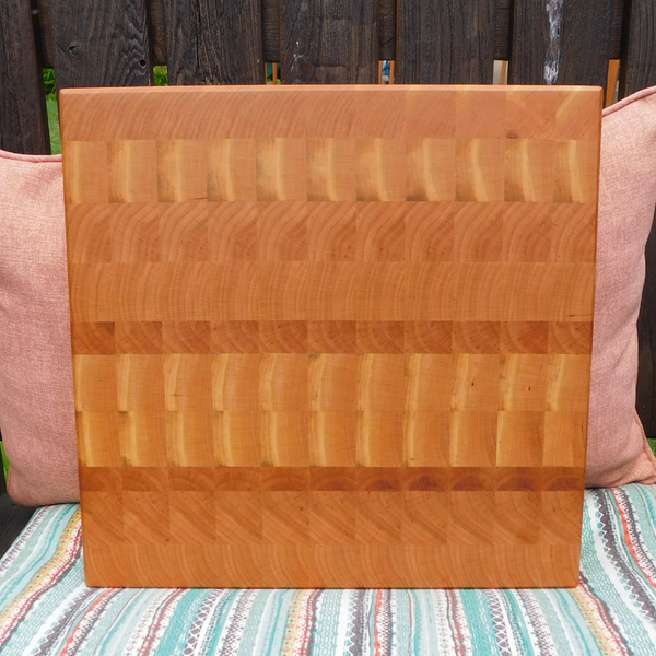 Cherry Wood End Grain Cutting Board with Hand Grooves on All Four Sides and Beveled Edge