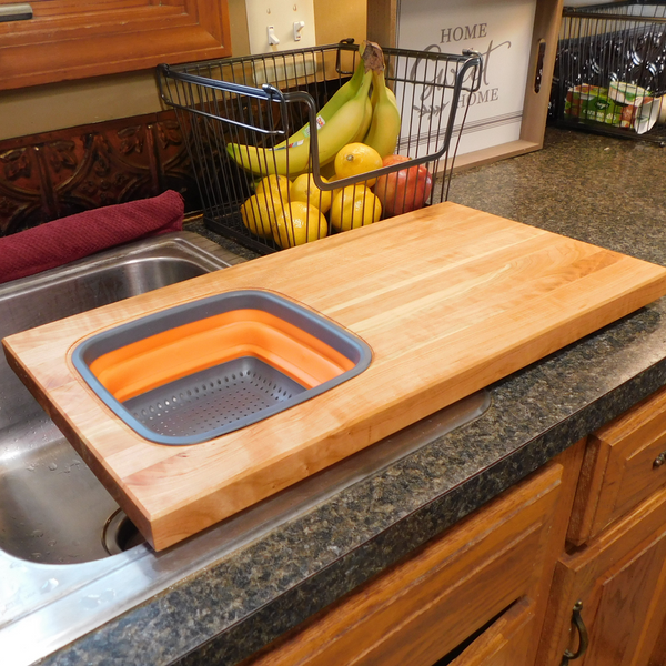 Over The Sink Cherry Wood Edge Grain Cutting Board with Colander and Clear Rubber Grip Feet