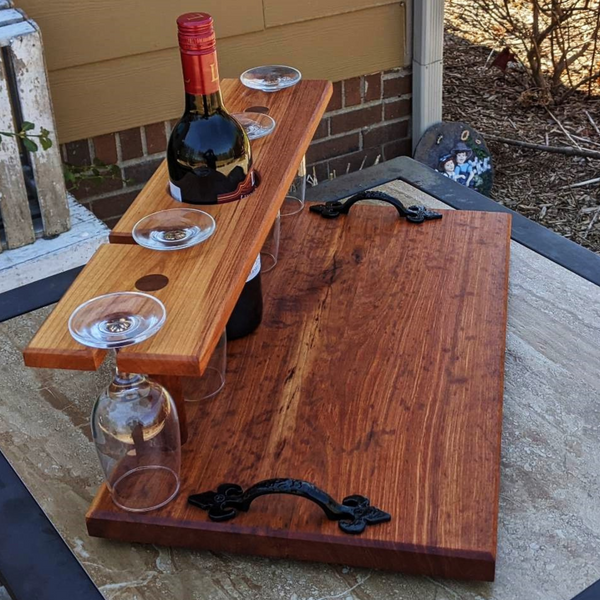 Spalted Cherry Wood Wine Charcuterie Board with Four Wine Glasses, Cast Iron Handles, & Clear Rubber Grip Feet