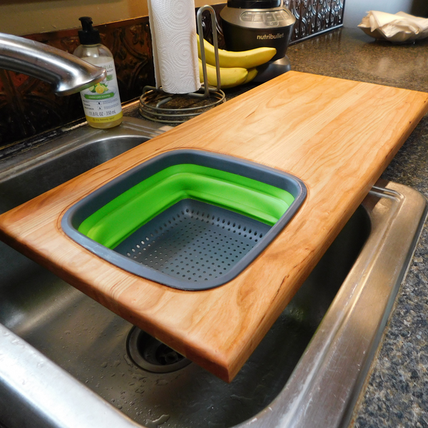 Over The Sink Cherry Wood Edge Grain Cutting Board with Collapsible Colander and Clear Rubber Grip Feet