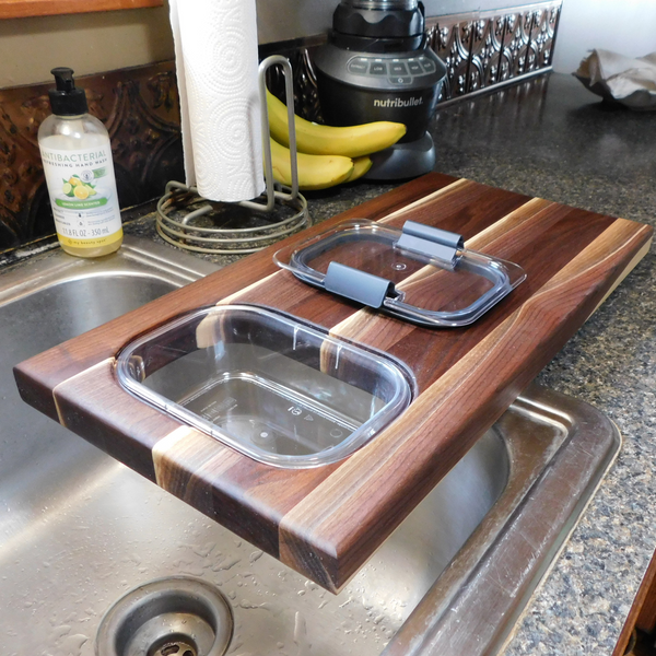 Over The Counter Black Walnut Edge Grain Cutting Board with Tupperware Insert & Clear Rubber Grip Feet