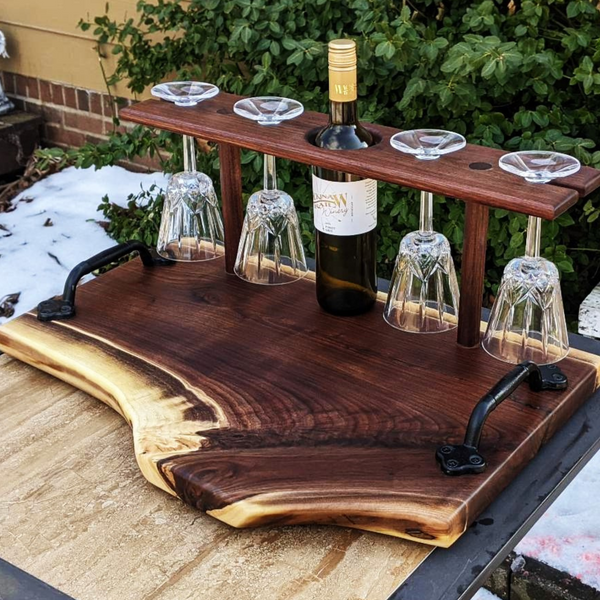 Large Black Walnut Wine Charcuterie Board with Four Wine Glasses