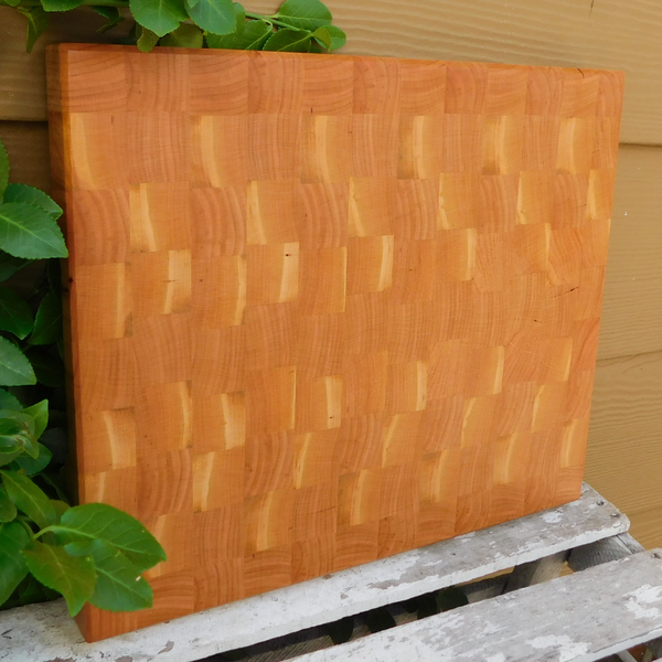 Cherry Wood End Grain Cutting Board with Hand Grooves on Sides and Beveled Edge