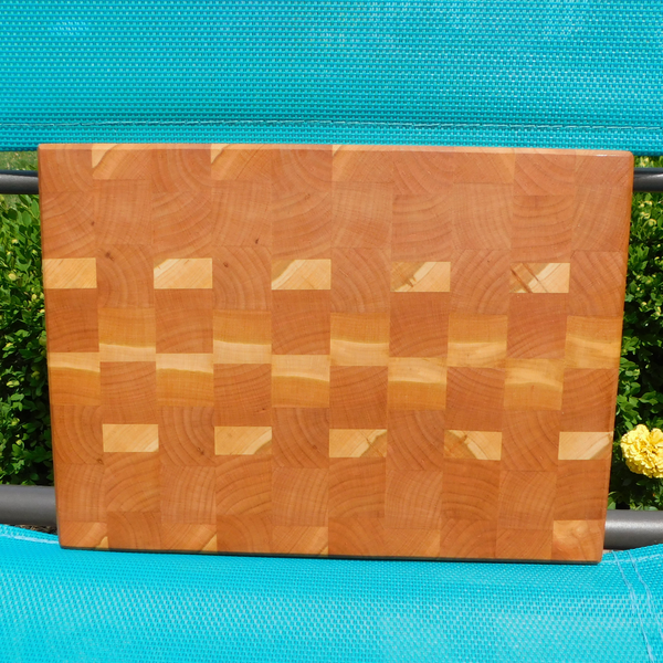 Cherry Wood End Grain Cutting Board with a Beveled Edge & Hand Grooves On Sides