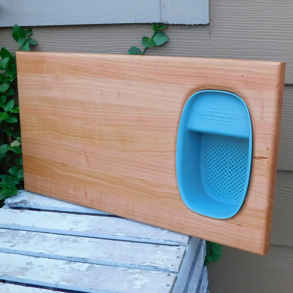 Over The Sink Cherry Wood Edge Grain Cutting Board with Colander and Clear Rubber Grip Feet