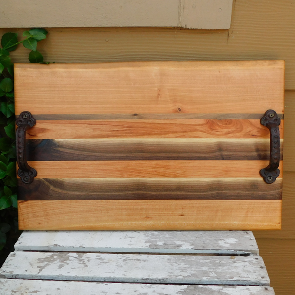 Cherry Wood & Black Walnut Edge Grain Cutting Board with Cast Iron Handles, Clear Rubber Grip Feet & a Beveled Edge