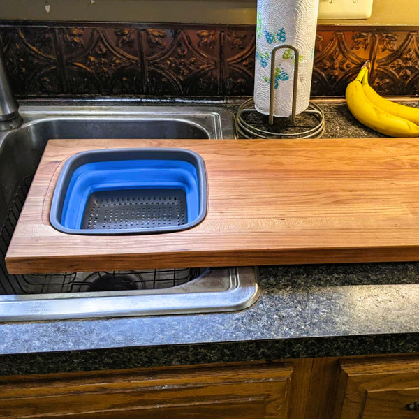 Cherry Wood Edge Grain Cutting Board with Colander and Clear Rubber Grip Feet