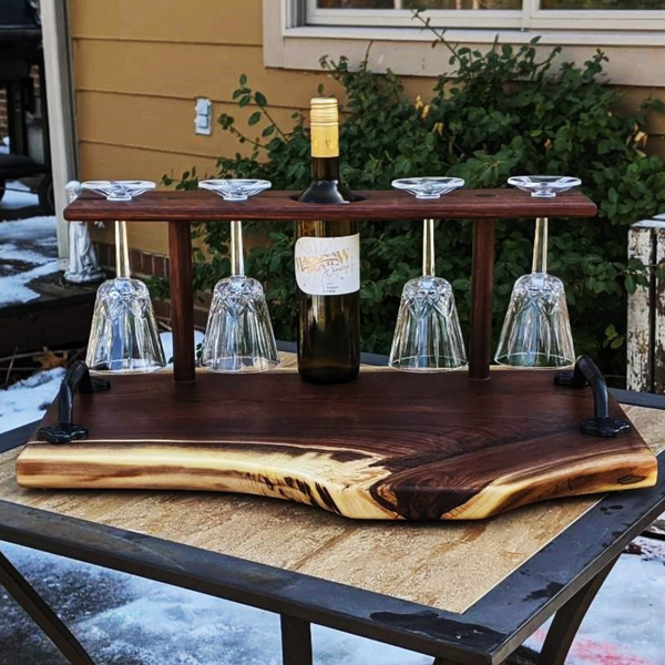 Large Black Walnut Wine Charcuterie Board with Four Wine Glasses