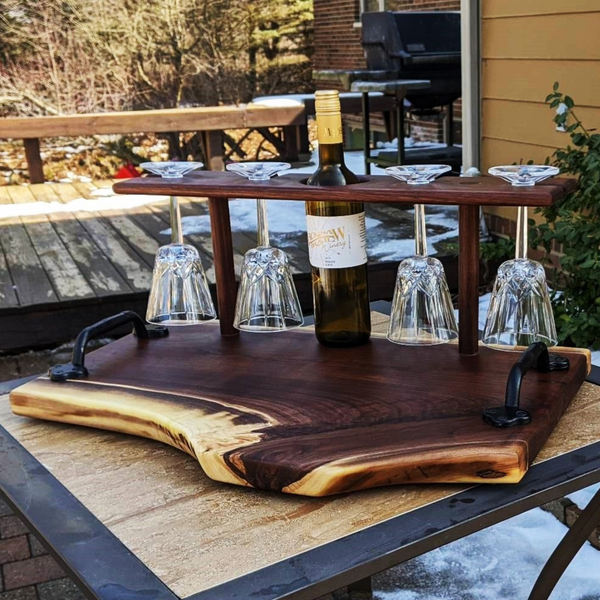 Large Black Walnut Wine Charcuterie Board with Four Wine Glasses