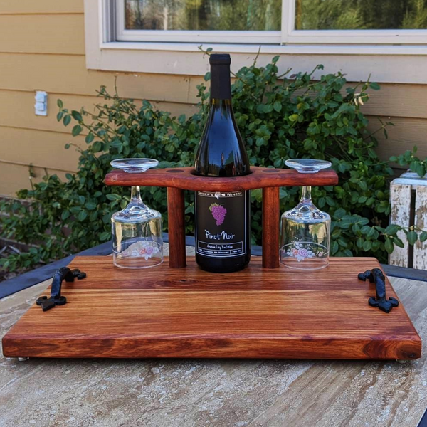 Spalted Cherry Wood Wine Charcuterie Board with Two Wine Glasses, Cast Iron Handles, & Clear Rubber Grip Feet